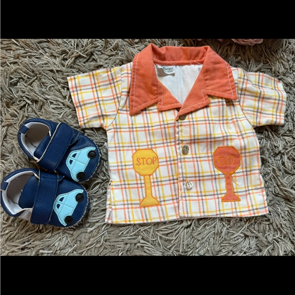 Bundle of Vintage baby boy shirt with traffic lights and leather shoes